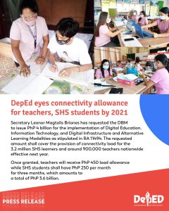 DepEd eyes connectivity allowance for teachers, SHS students by 2021