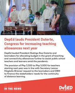 DepEd lauds President Duterte, Congress for increasing teaching allowances next year