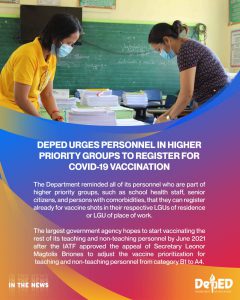 DepEd urges personnel in higher priority groups to register for COVID-19 vaccination