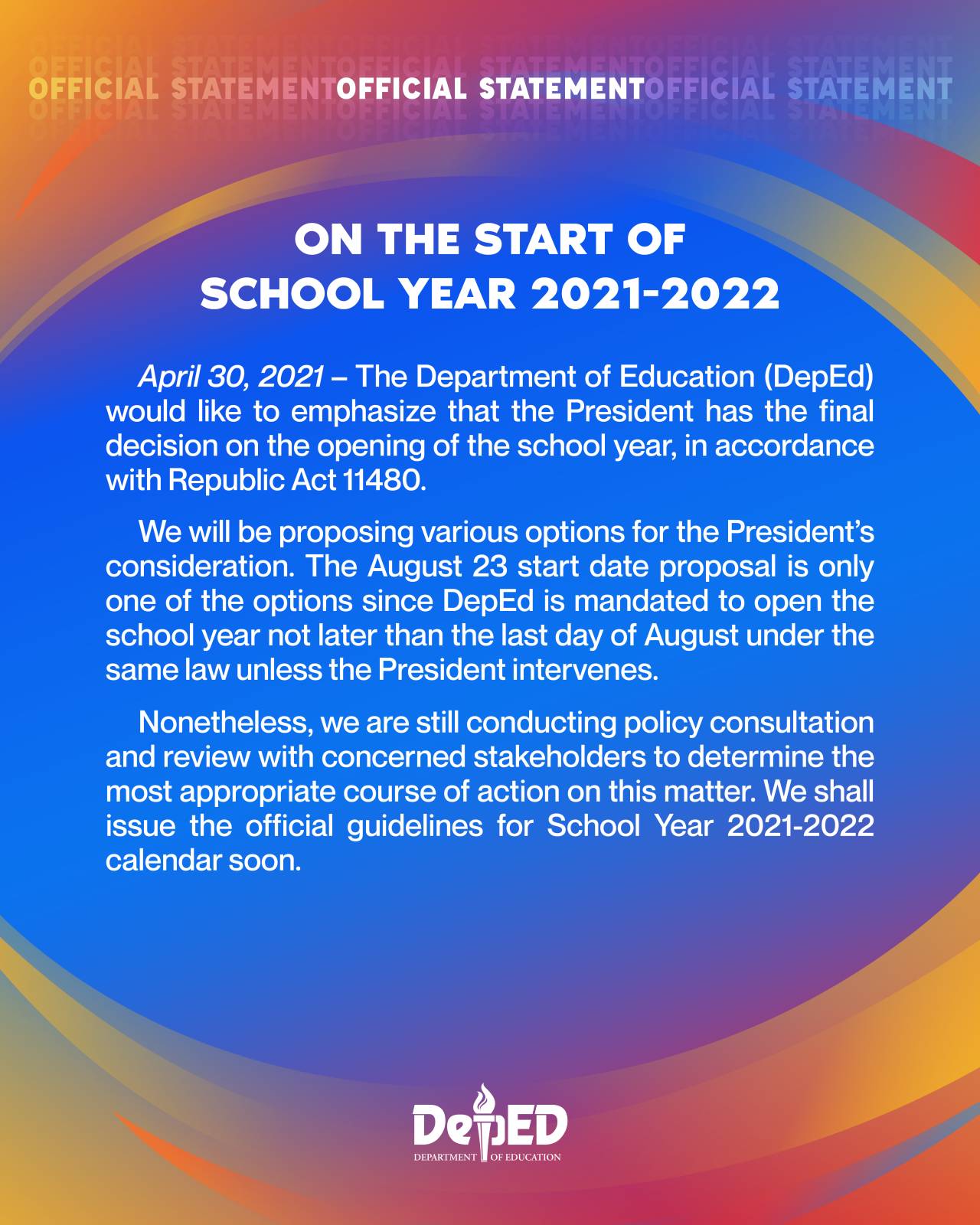 On The Start Of School Year 2021 2022 Department Of Education