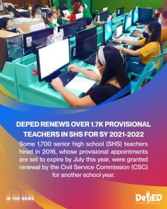 DepEd renews over 1.7k provisional teachers in SHS for SY 2021-2022