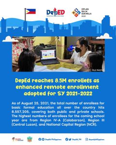 DepEd reaches 8.5M enrollees as enhanced remote enrollment adopted for SY 2021-2022