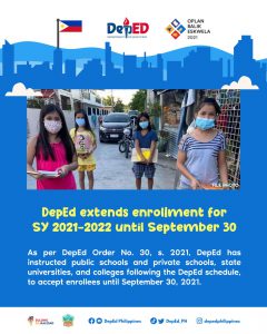 DepEd extends enrollment for SY 2021-2022 until September 30