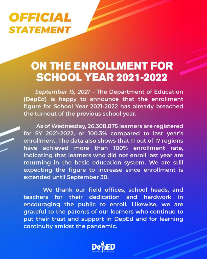 On The Enrollment For School Year 2021 2022 Department Of Education