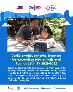 DepEd credits parents, learners for exceeding 100% enrollment turnout for SY 2021-2022